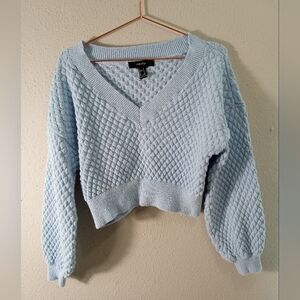 Forever 21 Blue Knit Oversized Cropped Flare Sleeve Popcorn Sweater sz Medium